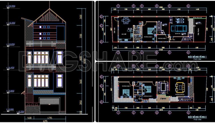 337. CAD design drawings for a 4-story townhouse with dimensions of 6.3m x 23m