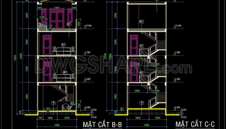 338. CAD design drawings for a 4-story townhouse with dimensions of 5m x 18m (8)