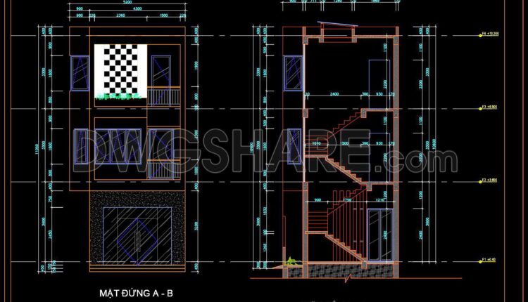 339. CAD design drawings for a 3-story townhouse with dimensions of 4.3m x 16.6m