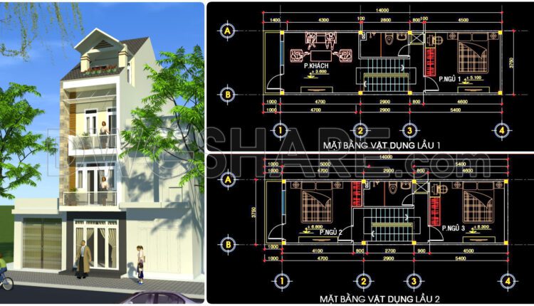 340. CAD design drawings for a 3-story townhouse with dimensions of 3.7m x 14m