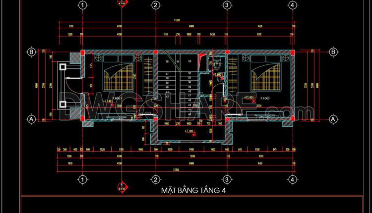 341. CAD design drawings for a 4-story townhouse with dimensions of 4m x 13.2m (4)