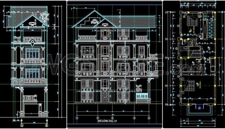 342. CAD design drawings for a 4-story townhouse with dimensions of 4.5m x 15m