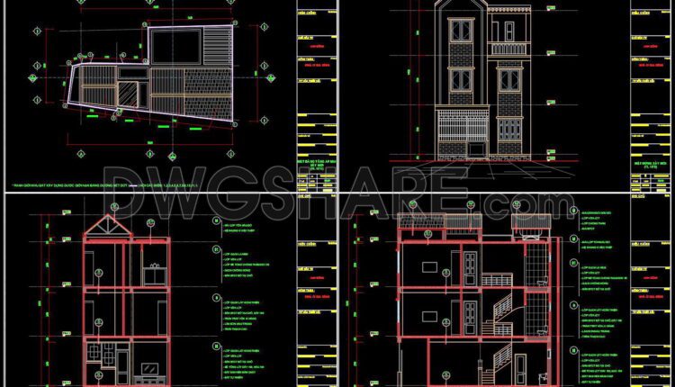 343. CAD design drawings for a 3-story townhouse with dimensions of 4.9m x 11m