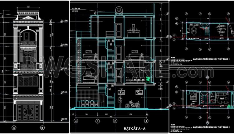 344. CAD design drawings for a 3-story townhouse with dimensions of 4.1m x 10.1m