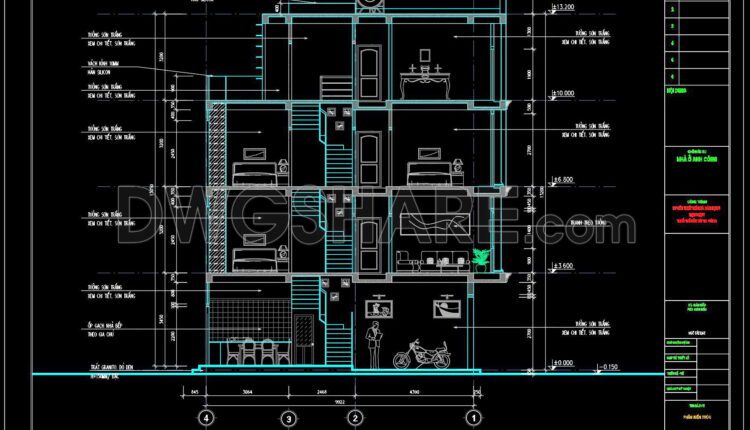344. CAD design drawings for a 3-story townhouse with dimensions of 4.1m x 10.1m