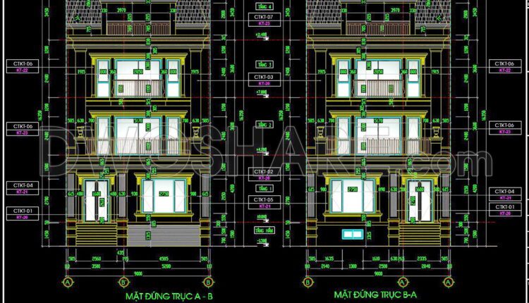 345. CAD design drawings for a 3-story townhouse with dimensions of 9m x 20m