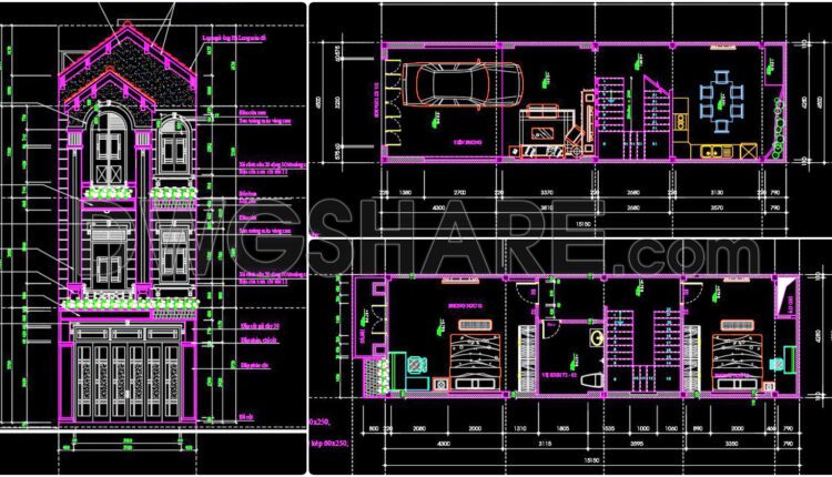 346. CAD design drawings for a 3-story townhouse with dimensions of 4.5m x 16.3m