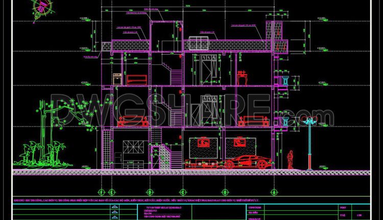 346. CAD design drawings for a 3-story townhouse with dimensions of 4.5m x 16.3m