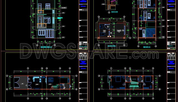 348. CAD design drawings for a 2-story townhouse with dimensions of 5m x 20m