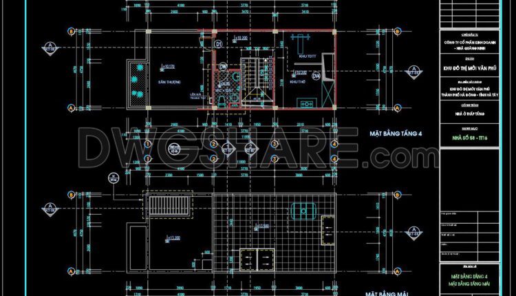 350. CAD design drawings for a 4-story townhouse with dimensions of 5m x 14.7m