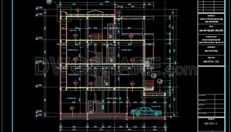 350. CAD design drawings for a 4-story townhouse with dimensions of 5m x 14.7m