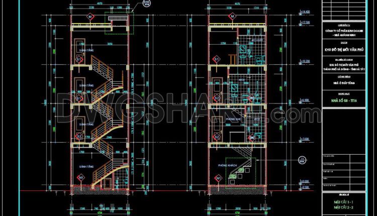 350. CAD design drawings for a 4-story townhouse with dimensions of 5m x 14.7m