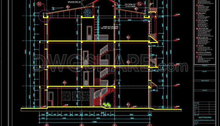 352. CAD design drawings for a 4-story townhouse with dimensions of 3.7m x 16.2m