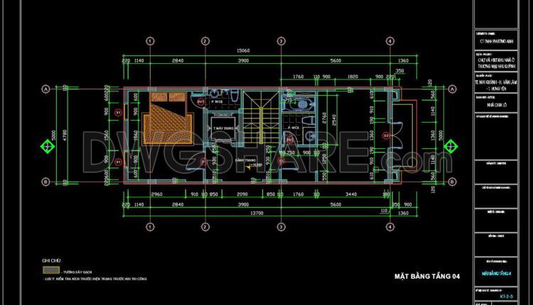 353. CAD design drawings for a 4-story townhouse with dimensions of 5m x 16m