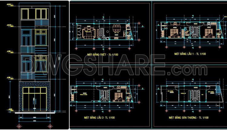 354. CAD design drawings for a 3-story townhouse with dimensions of 3.9m x 12.3m