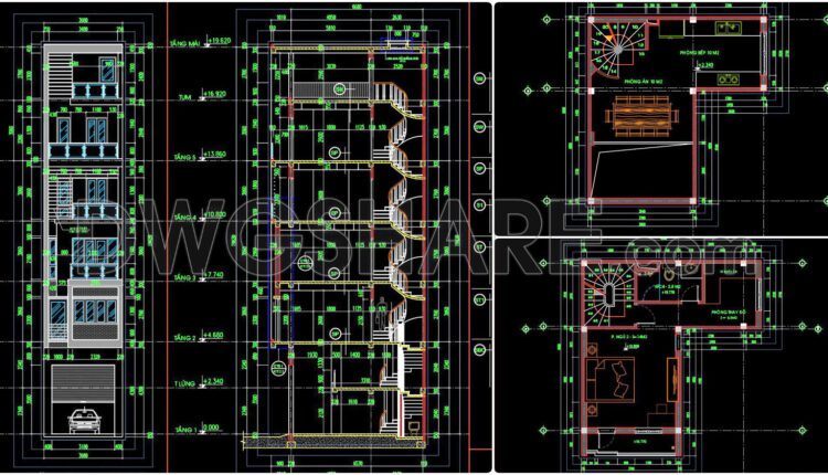 355. CAD design drawings for a 6-story townhouse with dimensions of 4m x 7m