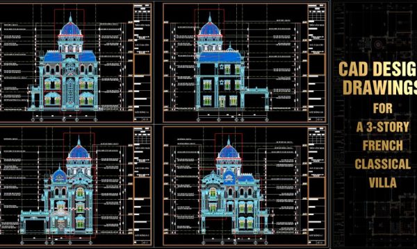 356. Download CAD design drawings for a 3-story French classical villa with dimensions of 15.6m x 17m
