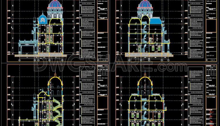 356. Download CAD design drawings for a 3-story French classical villa with dimensions of 15.6m x 17m