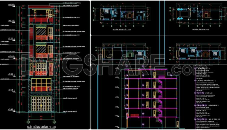358. CAD design drawings for a 5-story townhouse with dimensions of 4.9m x 18.5m