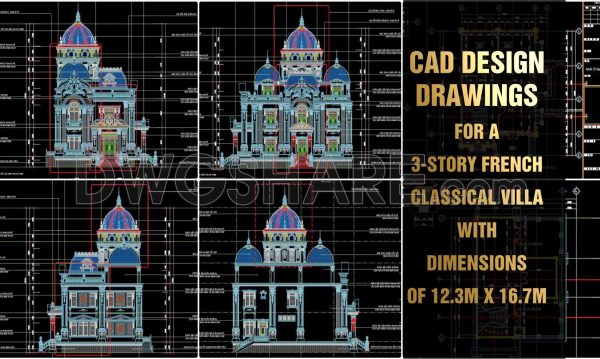 362. Download CAD design drawings for a 3-story French classical villa with dimensions of 12.3m x 16.7m
