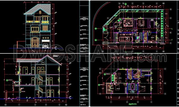 364. Download CAD Design Drawings for a 3-Story House with Dimensions 7.4m x 12m