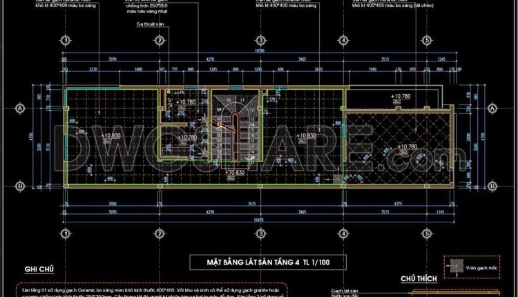 38. Download free detailed CAD drawings of floor plans for a 4-story townhouse