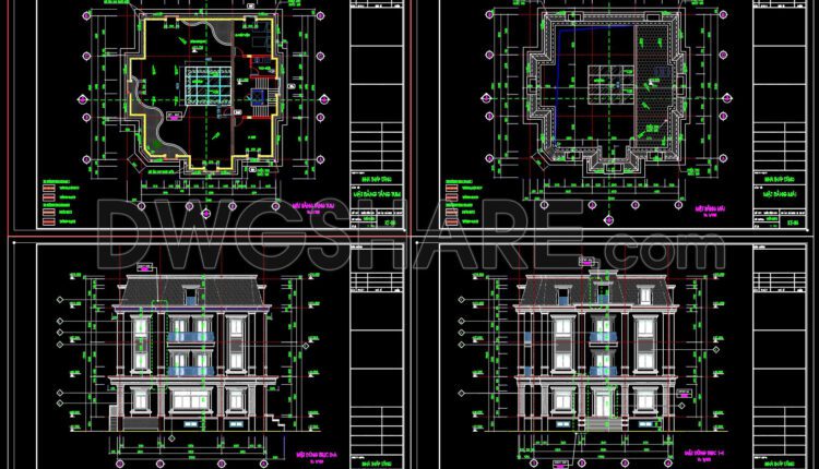 460. Download CAD design drawings for a 4-story French classical villa with dimensions of 15m x 16m