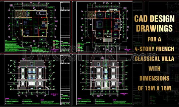 2 years ago
                

                
             4,324460. Download CAD design drawings for a 4-story French classical villa with dimensions of 15m x 16m