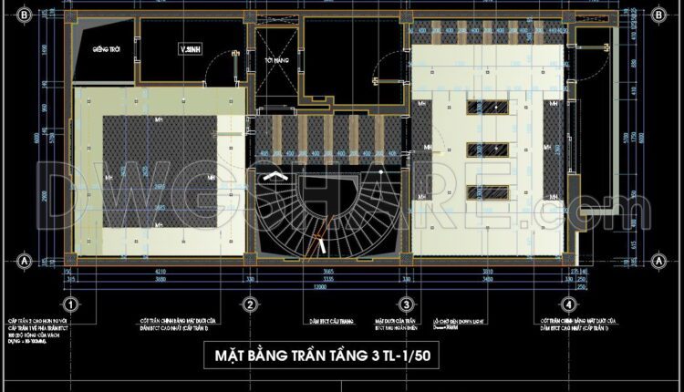 127. Detailed CAD drawings for the ceiling layout design of a 3-story townhouse