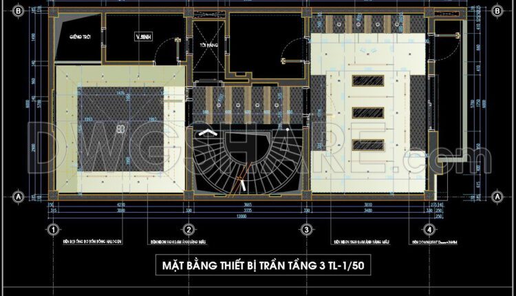 127. Detailed CAD drawings for the ceiling layout design of a 3-story townhouse