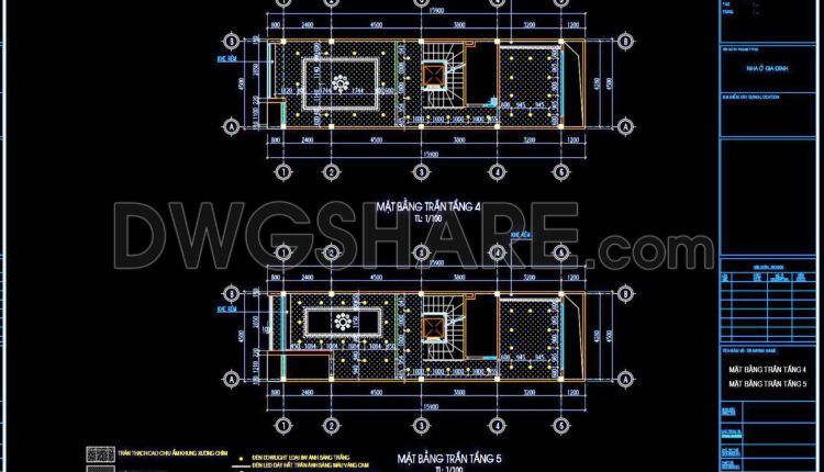 129. Detailed CAD drawings for the ceiling layout design of a 5-story townhouse