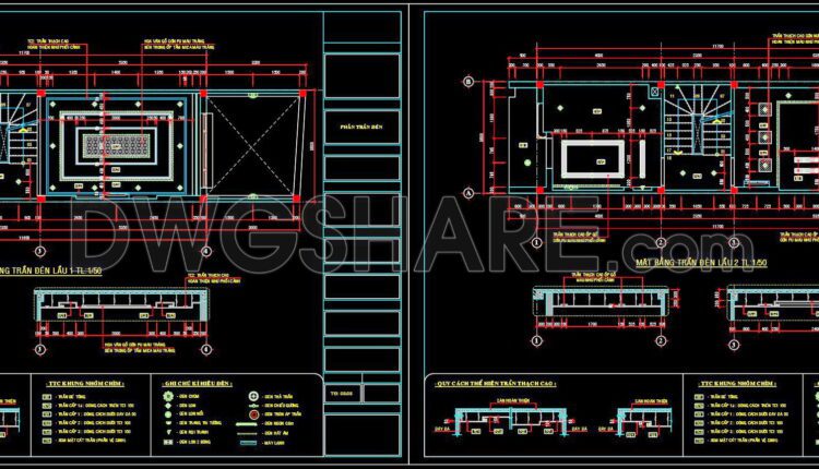 132. Detailed CAD drawings for the ceiling layout design of a 3-story townhouse