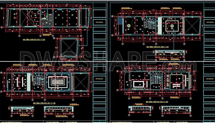 132. Detailed CAD drawings for the ceiling layout design of a 3-story townhouse