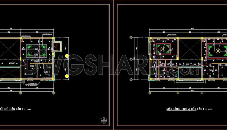 133. Detailed CAD drawings for the ceiling layout design of a 3-story townhouse