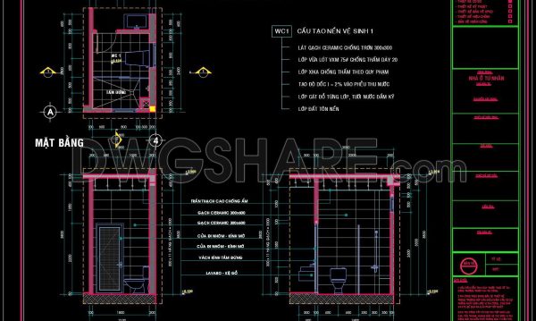 245. Free download of CAD technical drawings for the construction of bathrooms in townhouses