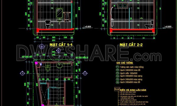 250. Free download of CAD technical drawings for the construction of bathrooms in townhouses