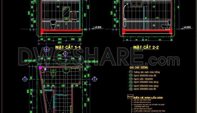 250. Free download of CAD technical drawings for the construction of bathrooms in townhouses