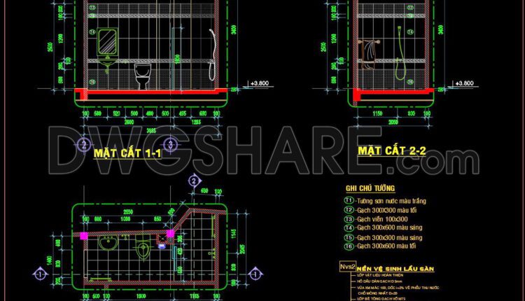 250. Free download of CAD technical drawings for the construction of bathrooms in townhouses