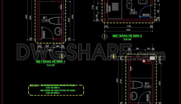 251. Free download of CAD technical drawings for the construction of bathrooms in townhouses