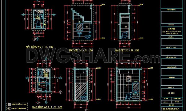 257. Free download of CAD technical drawings for the construction of bathrooms in townhouses