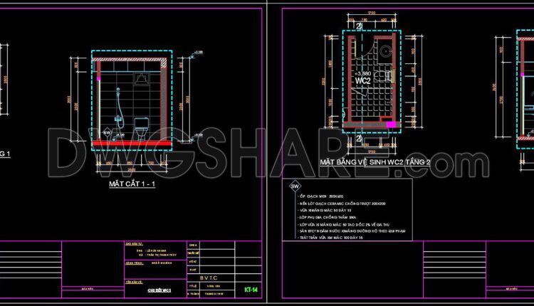 259. Free download of CAD technical drawings for the construction of bathrooms in townhouses