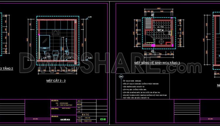 259. Free download of CAD technical drawings for the construction of bathrooms in townhouses
