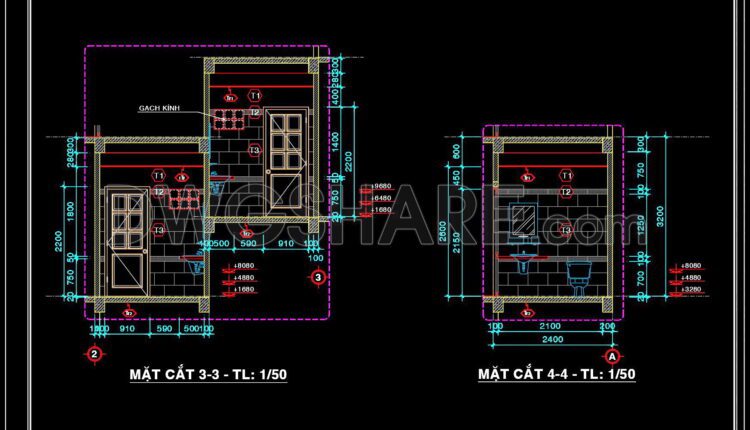 260. Free download of CAD technical drawings for the construction of bathrooms in townhouses