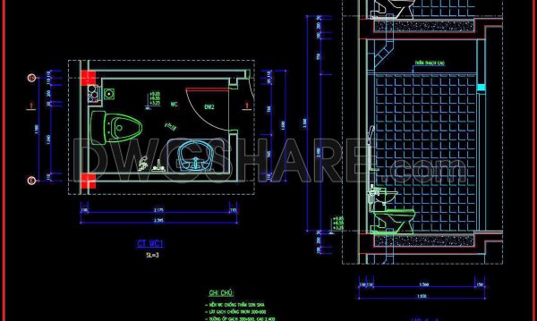 263. Free download of CAD technical drawings for the construction of bathrooms in townhouses