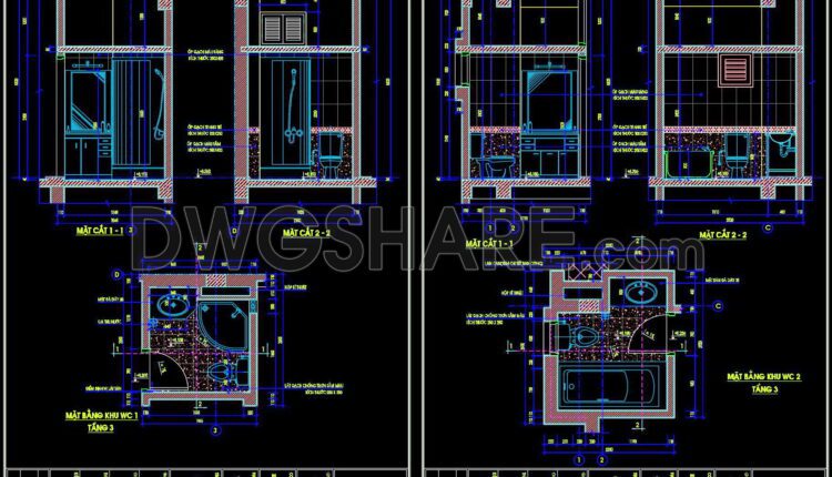 264. Free download of CAD technical drawings for the construction of bathrooms in townhouses