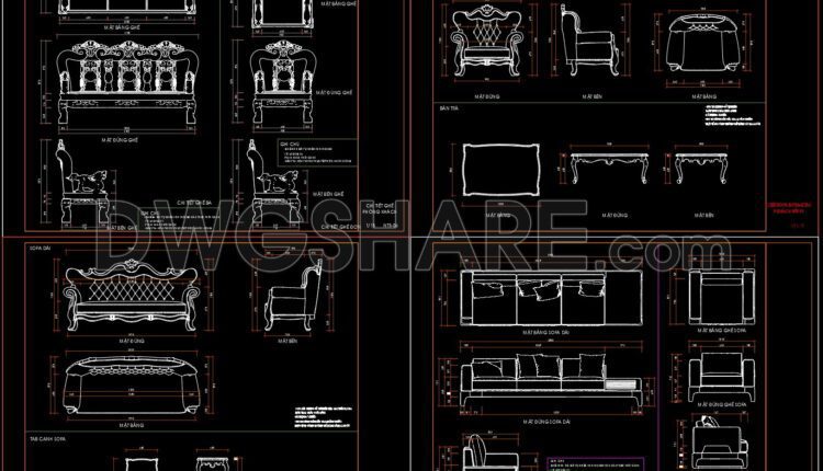 337. Free Download CAD drawings of the technical details of various types of Sofas