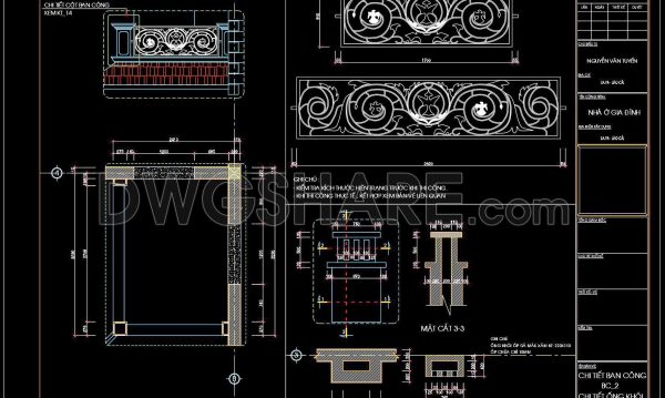 343. Detailed architectural CAD drawings of the facade, balcony, railing townhouse