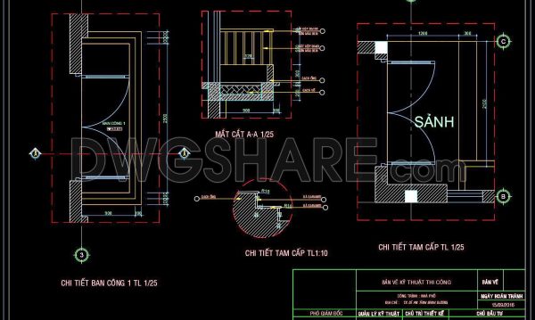 344. Detailed architectural CAD drawings of the balcony, railing, and skylight roof of the townhouse