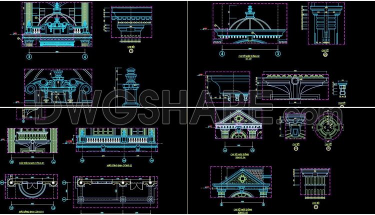 346. Detailed architectural CAD drawings of the facade, balcony, railing townhouse