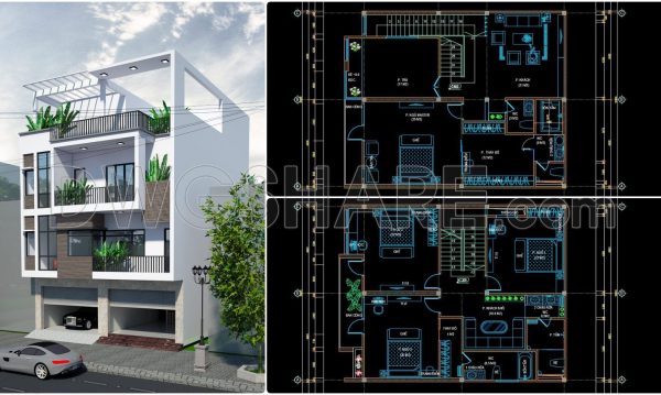371. Download CAD Design Drawings for a 3-Story House with Dimensions 10m x 12.8m